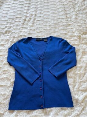 Vintage Express Stretch Royal Blue 89% Silk 3/4 sleeve  V-Neck Cardigan Sz S